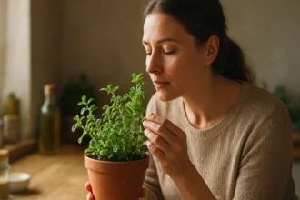Žena sa venuje pamajoránu, liečivá rastlina v kvetináči.