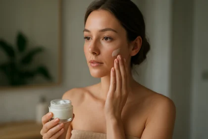 Mladá žena nanáša slimáčí krém na pleť