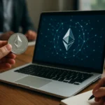Ethereum coin held in hand with laptop displaying blockchain technology