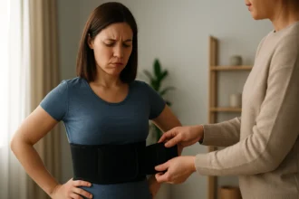 Žena nosí pás na chudnutie s vážnym výrazom na tvári.