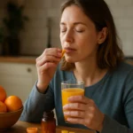 Žena si užíva vitamín C s pomarančovým džúsom a ovocím.