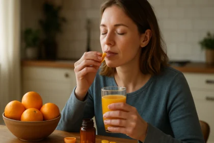 Žena si užíva vitamín C s pomarančovým džúsom a ovocím.
