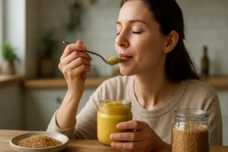 Žena degustuje chutnú horčicu priamo z pohára.