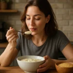 Žena vychutnáva semolinu z hlbokého taniera, zdravá strava