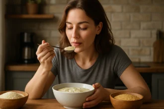 Žena vychutnáva semolinu z hlbokého taniera, zdravá strava