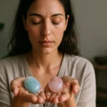 Žena drží akvamarín a morganit v dlaniach, zamyslená