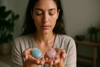 Žena drží akvamarín a morganit v dlaniach, zamyslená