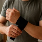 Muž si navlečie čierny zápästný obväz na ruku.
