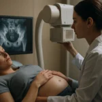Žena v tehotenstve podrobujúca sa röntgenovému vyšetreniu.