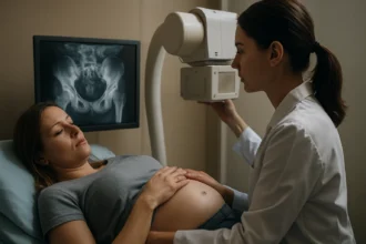 Žena v tehotenstve podrobujúca sa röntgenovému vyšetreniu.