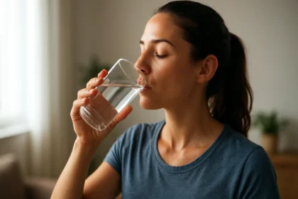 Žena pije vodu z pohára na podporu hydratácie a zdravia.