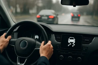 Interiér vozidla s riadiacim volantom a obrazovkou ABS