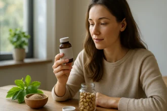 Žena sa zaujíma o fľašu s doplnkom stravy na báze forskolínu.