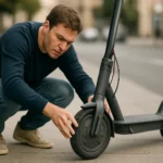 Muž kontrolujúci problém s pneumatikou elektrickej kolobežky.