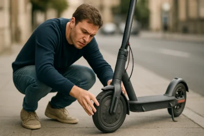 Muž kontrolujúci problém s pneumatikou elektrickej kolobežky.