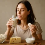 Žena pije mlieko a drží biely jogurt, obklopená mliečnymi výrobkami.