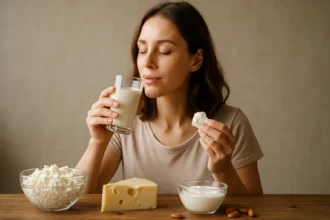 Žena pije mlieko a drží biely jogurt, obklopená mliečnymi výrobkami.