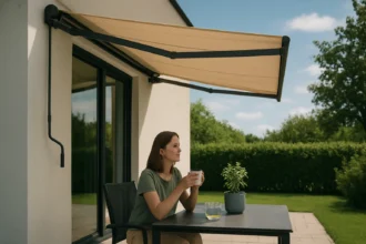 Žena relaxuje pod markízou s kĺbovým ramenom na terase