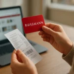 Žena s Rossmann kartou a účtom v ruke pri nakupovaní online.