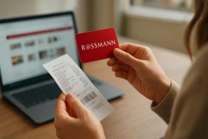 Žena s Rossmann kartou a účtom v ruke pri nakupovaní online.