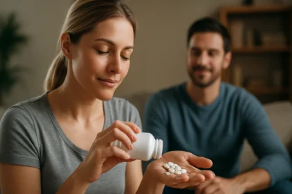 Žena užívajúca doplnky stravy s horčíkom na zlepšenie zdravia.