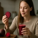 Žena s červenou repou a pohárom šťavy v kuchyni