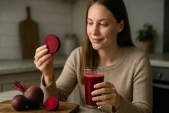 Žena s červenou repou a pohárom šťavy v kuchyni