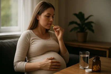 Tehotná žena užíva omega-3 doplnky pre zdravý vývoj plodu.
