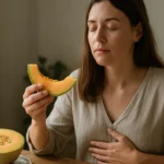 Žena drží plátok melónu a zamyslene sa usmieva.