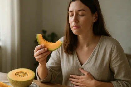 Žena drží plátok melónu a zamyslene sa usmieva.