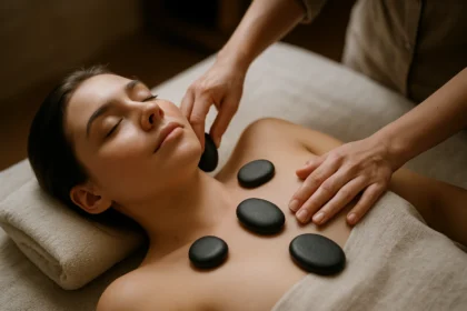 Žena s lávovými kameňmi na tele počas relaxačnej masáže