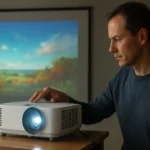 Muž nastavuje projektor, ktorý premieta obrázok na plátno.