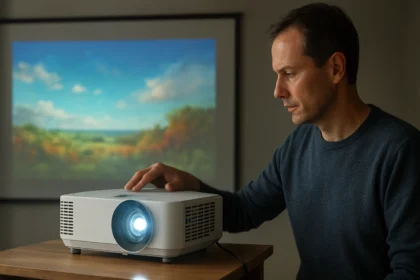 Muž nastavuje projektor, ktorý premieta obrázok na plátno.