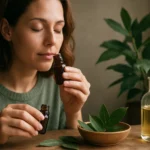 Žena inhaluje vavrínový olej, posilňuje zdravie a relaxáciu.