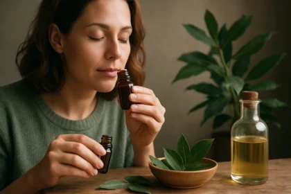 Žena inhaluje vavrínový olej, posilňuje zdravie a relaxáciu.