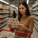 Žena v obchode s letákom v ruke, plánuje nákup