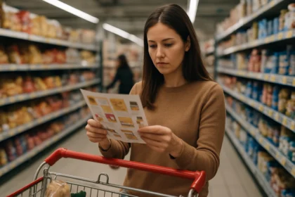 Žena v obchode s letákom v ruke, plánuje nákup