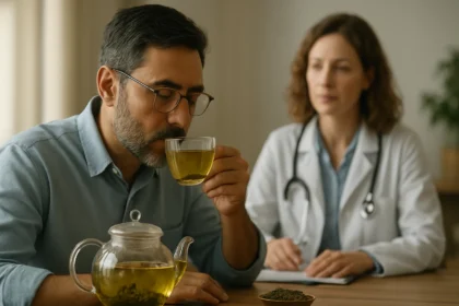 Muž vychutnáva zelený čaj počas konzultácie s lekárkou.