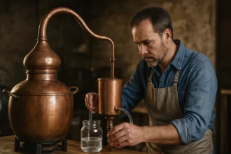 Muž s destilačnou kolónou pri výrobe domácej pálenky.