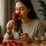 Žena cítí vôňu ruže a drží esenciálny olej, vedľa má čaj.