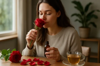 Žena cítí vôňu ruže a drží esenciálny olej, vedľa má čaj.