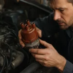 Mechanik kontroluje rozdeľovač zapaľovania motora auta.