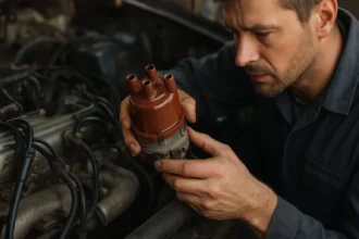 Mechanik kontroluje rozdeľovač zapaľovania motora auta.