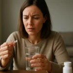 Žena so zmiešanými pocitmi drží tabletku a pohár vody