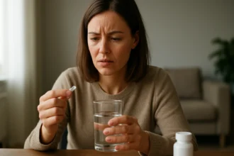 Žena so zmiešanými pocitmi drží tabletku a pohár vody