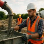 Pracovník čerpá betón na stavenisku pomocou čerpadla.