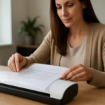 Žena používajúca laminátor na ochranu dokumentu