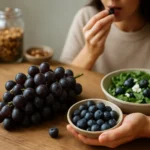 Žena vychutnáva hrozno Otello s šalátom a smoothies.