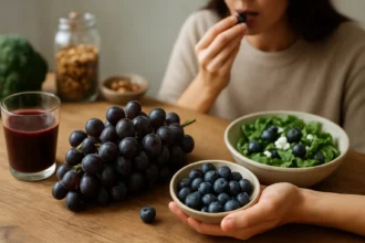 Žena vychutnáva hrozno Otello s šalátom a smoothies.