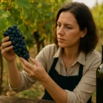 Žena skúma hrozno v vinici, pripravuje sa na zber